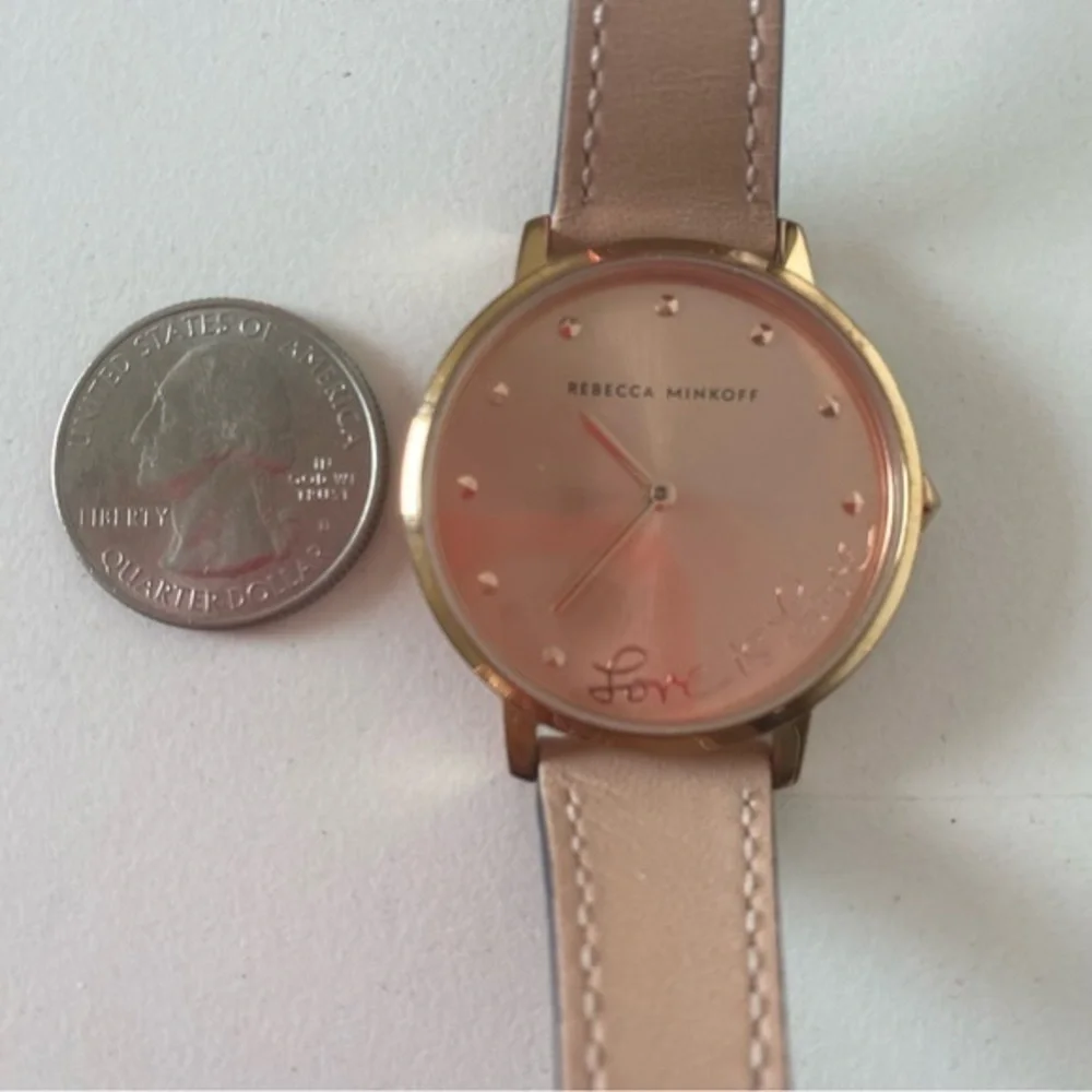 Rebecca Minkoff Rose Gold Love round Face Tan Leather Quartz Watch
